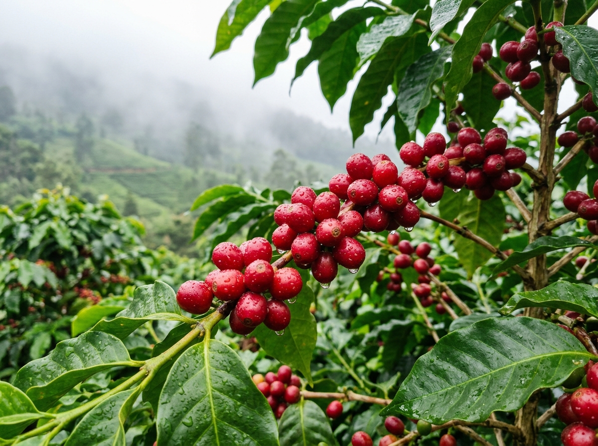 Ripe crimson Ceylon Arabica cherries on tree branch