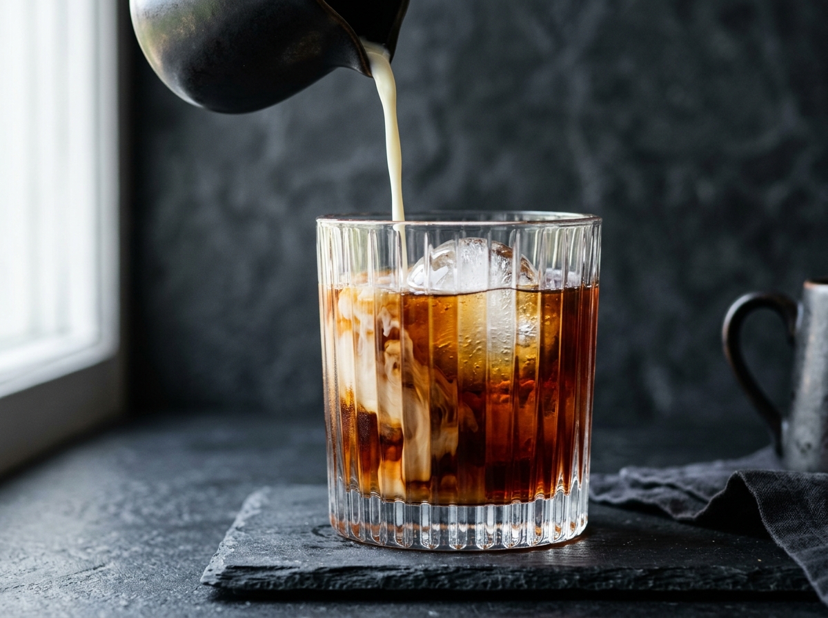 Cold drip iced coffee with sphere ice and organic dairy swirl