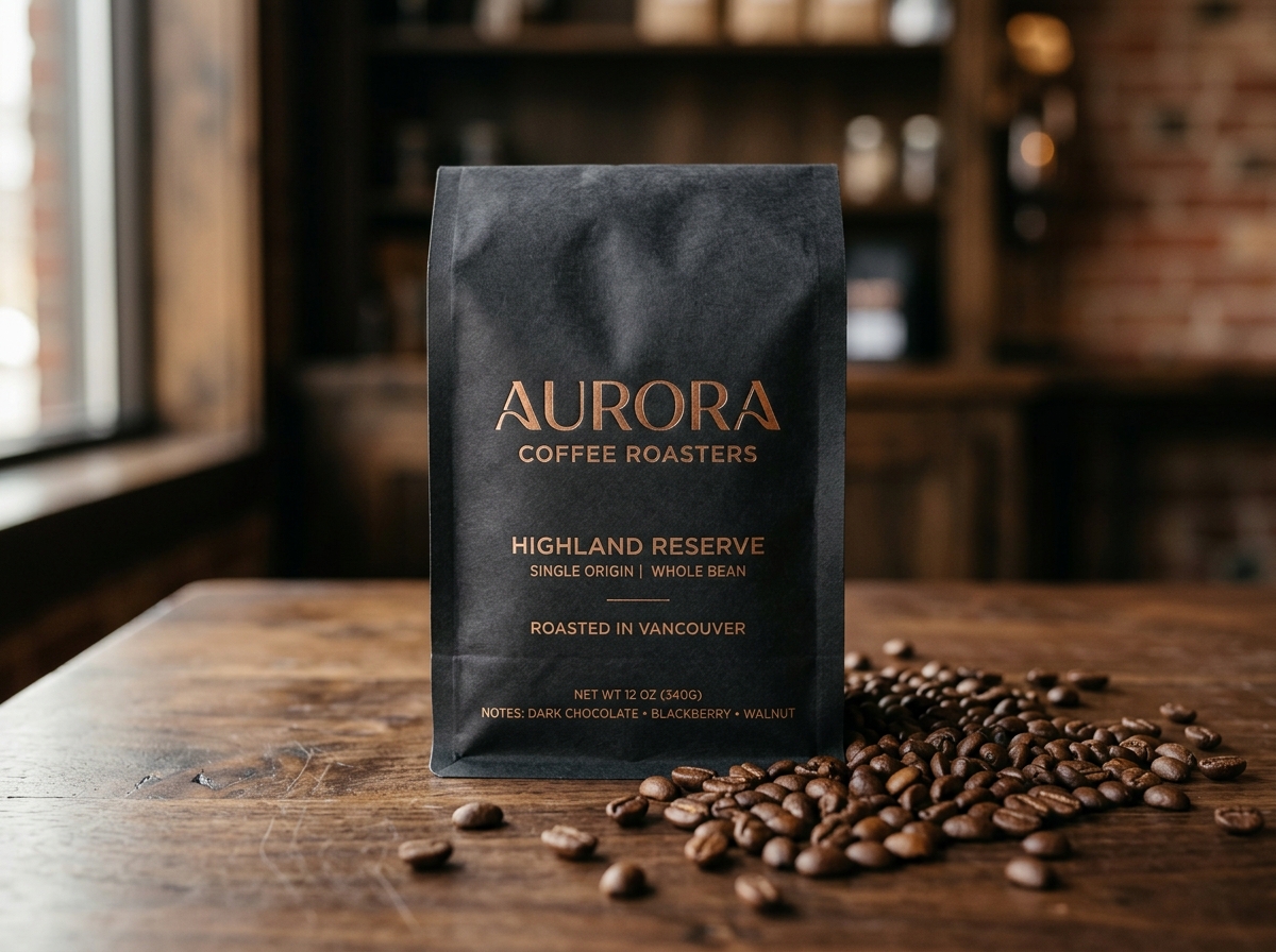 Artisanal coffee packaging bag with whole roasted beans